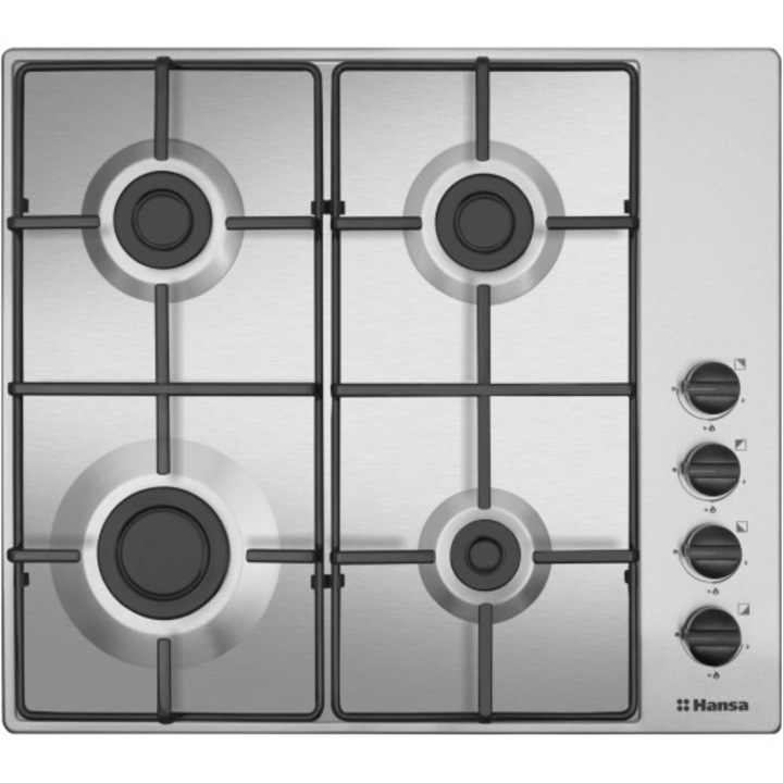 Газов котлон а вграждане Hansa BHGI620130, 4 горелки, Мощност 7.4 kW, Ел. запалване, Предпазител на горелката, Емайлирани стойки за съдове за готвене, Сребрист