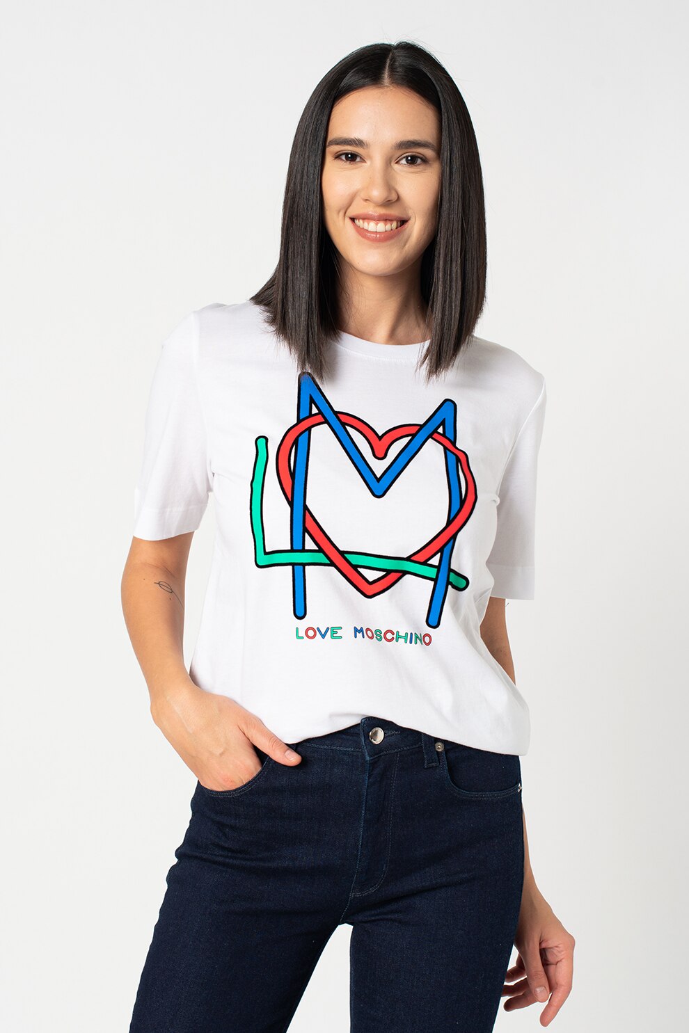 Love Moschino, Tricou de bumbac cu imprimeu grafic, Alb/Albastru/Verde, L