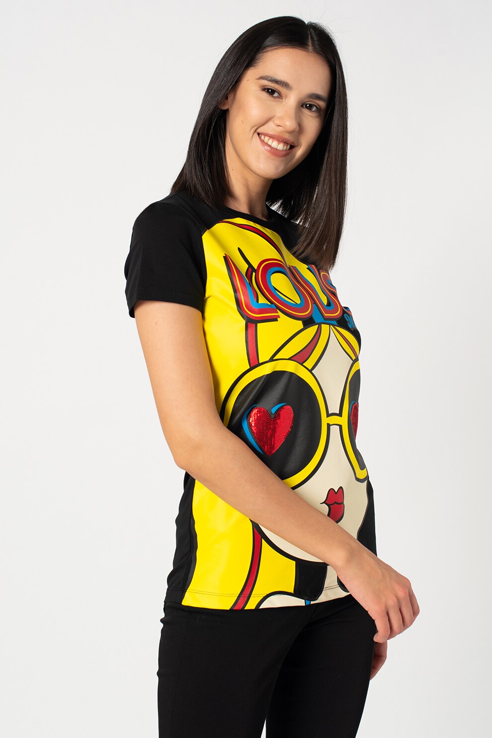 Love Moschino, Tricou cu decolteu la baza gatului si imprimeu grafic Y, Negru/Galben/Albastru