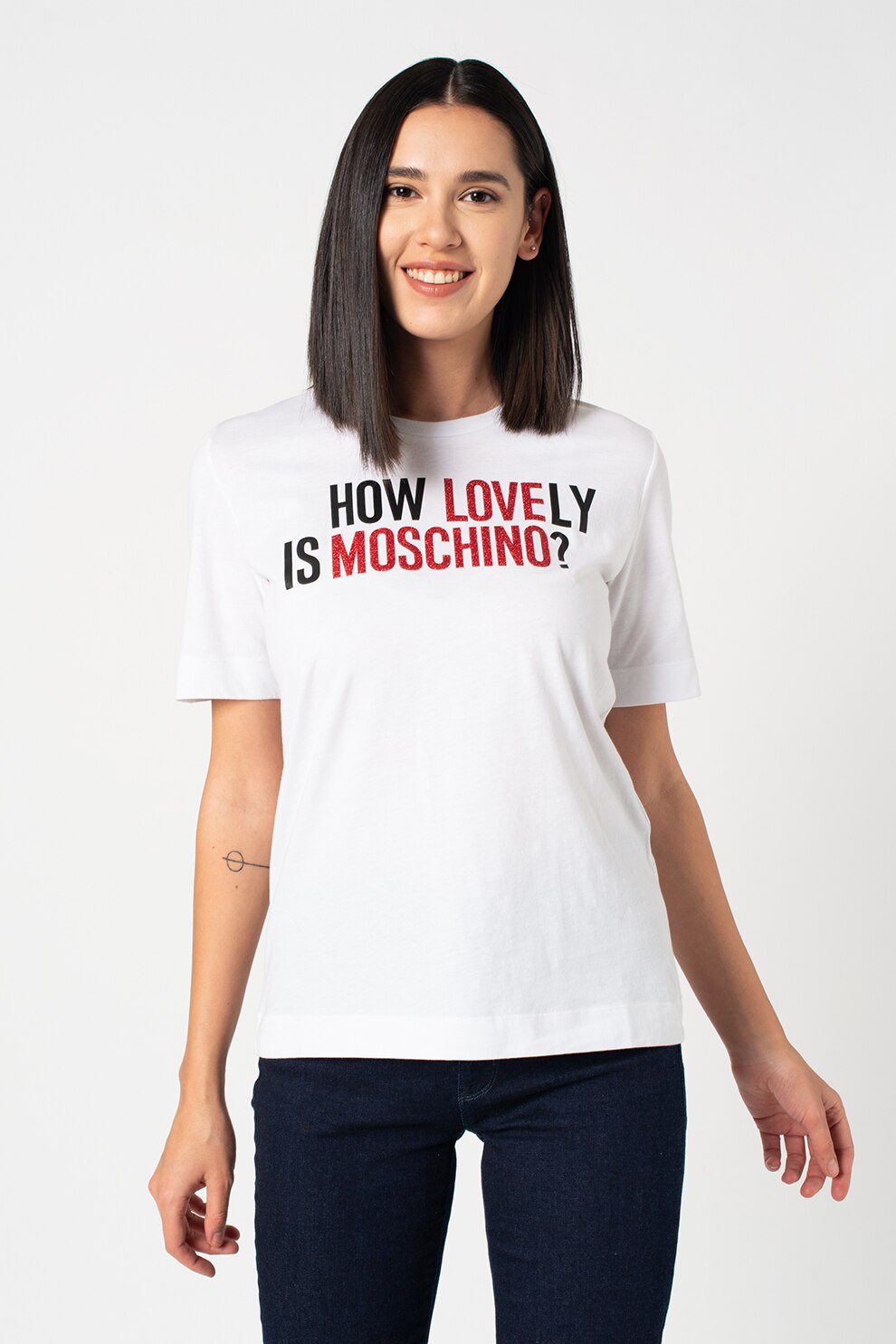 Love Moschino, Tricou de bumbac cu decolteu la baza gatului, Alb optic/Negru/Rosu