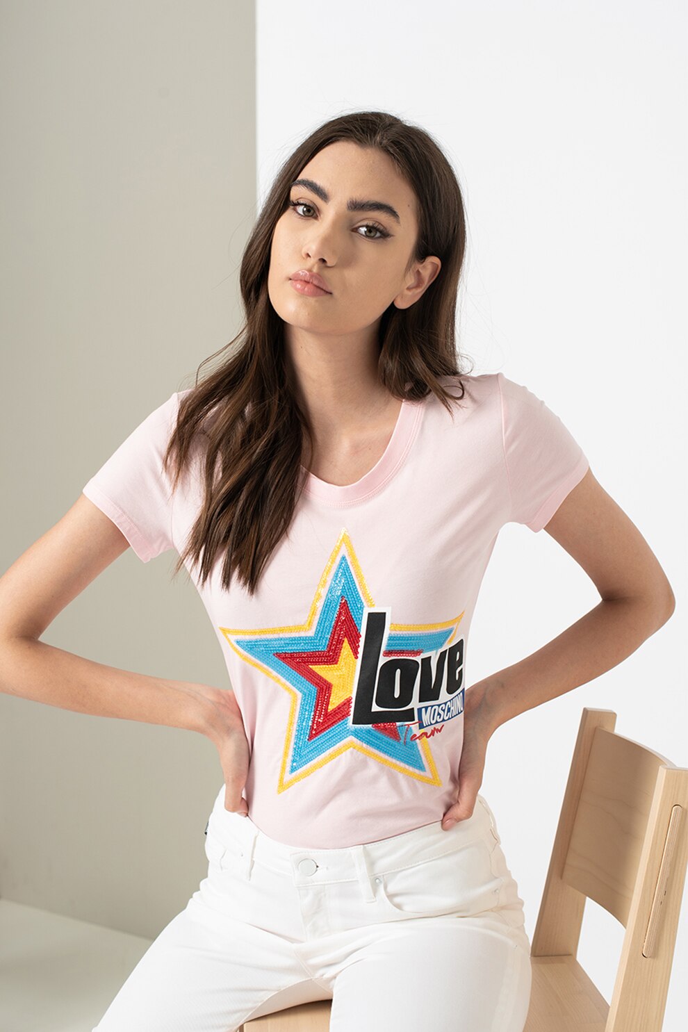 Love Moschino, Tricou cu aplicatii din paiete, Roz