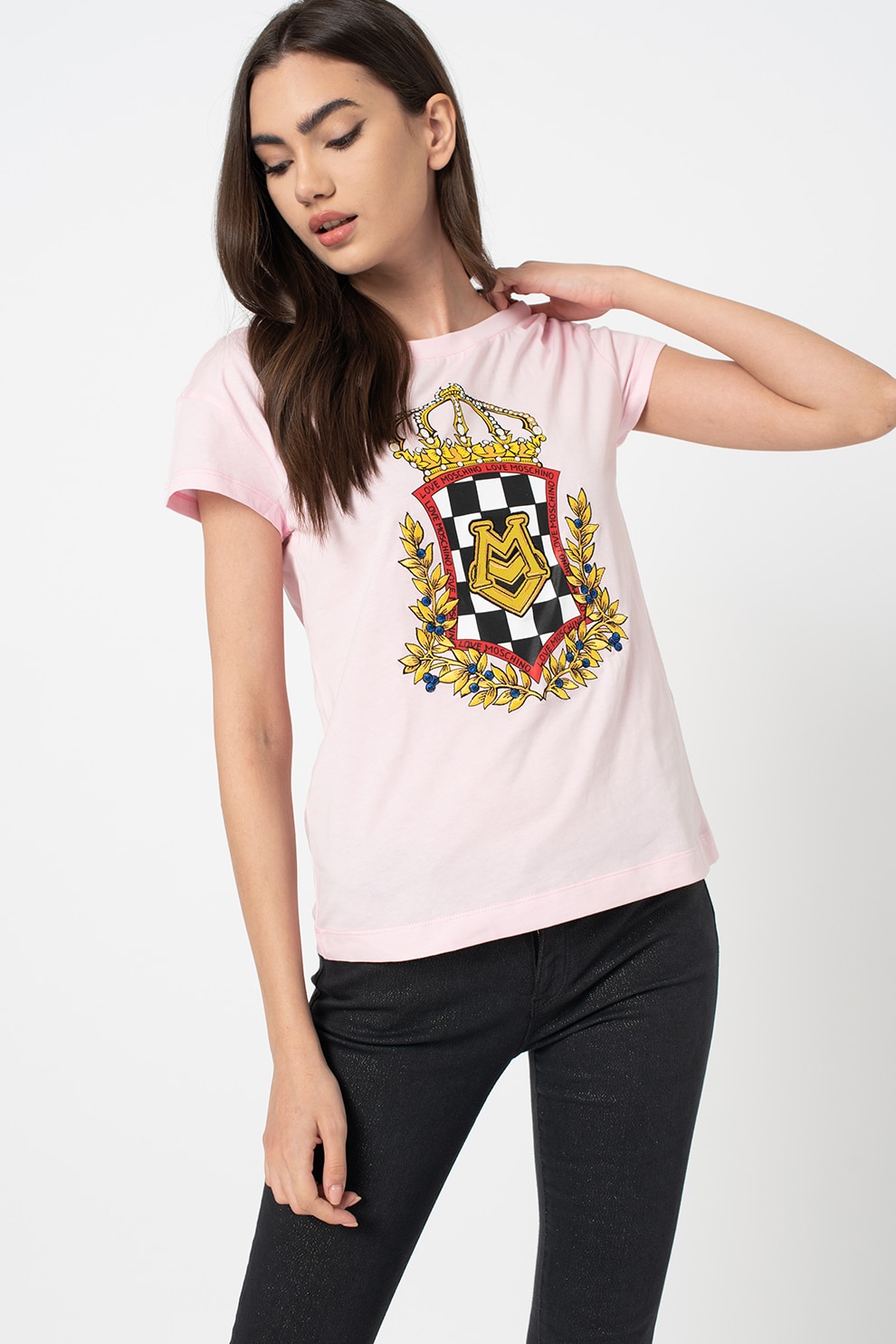 Love Moschino, Tricou cu decolteu la baza gatului si imprimeu logo, Roz pal