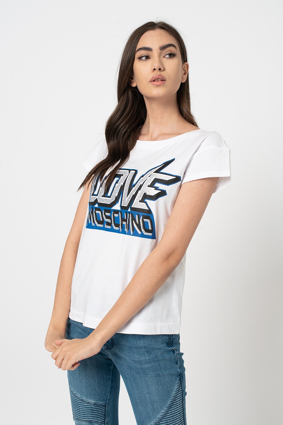 Love Moschino, Tricou cu imprimeu logo supradimensionat, Alb/Albastru
