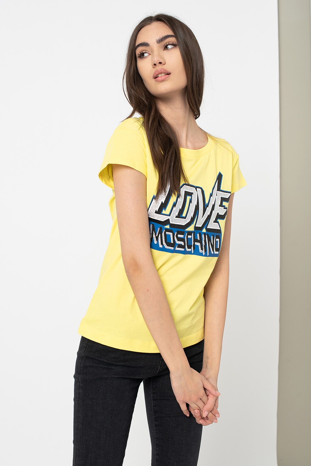 Love Moschino, Tricou cu imprimeu logo supradimensionat, Galben