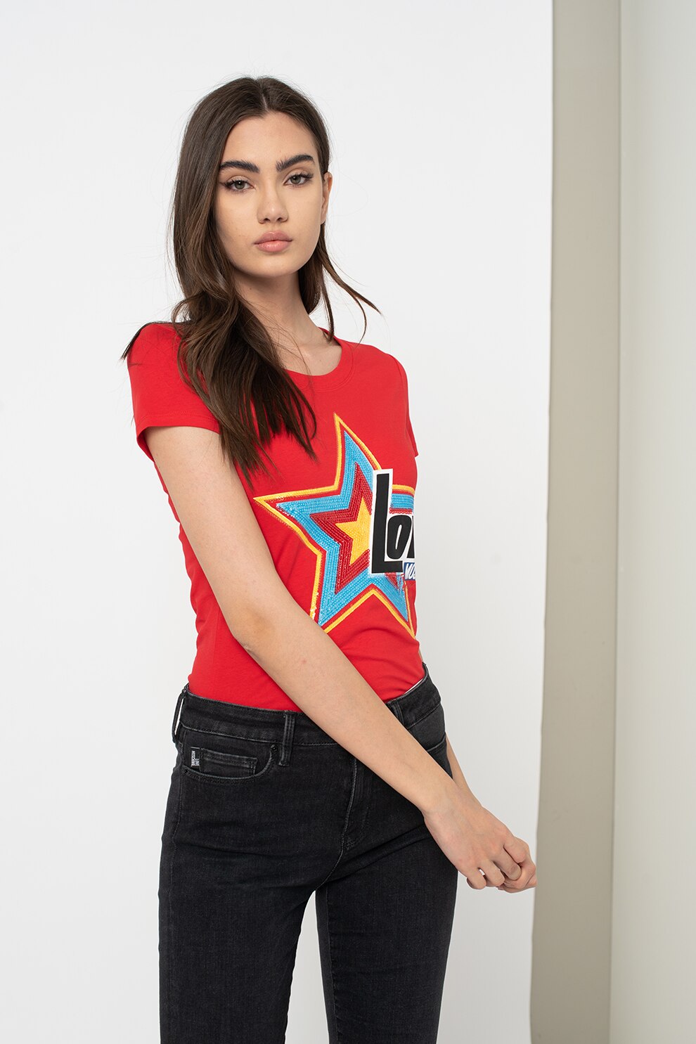 Love Moschino, Tricou cu aplicatii din paiete, Rosu