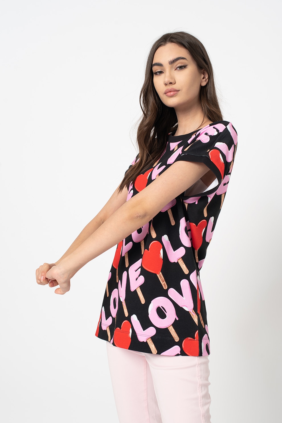 Love Moschino, Tricou lejer cu imprimeu logo, Negru/Roz/Rosu