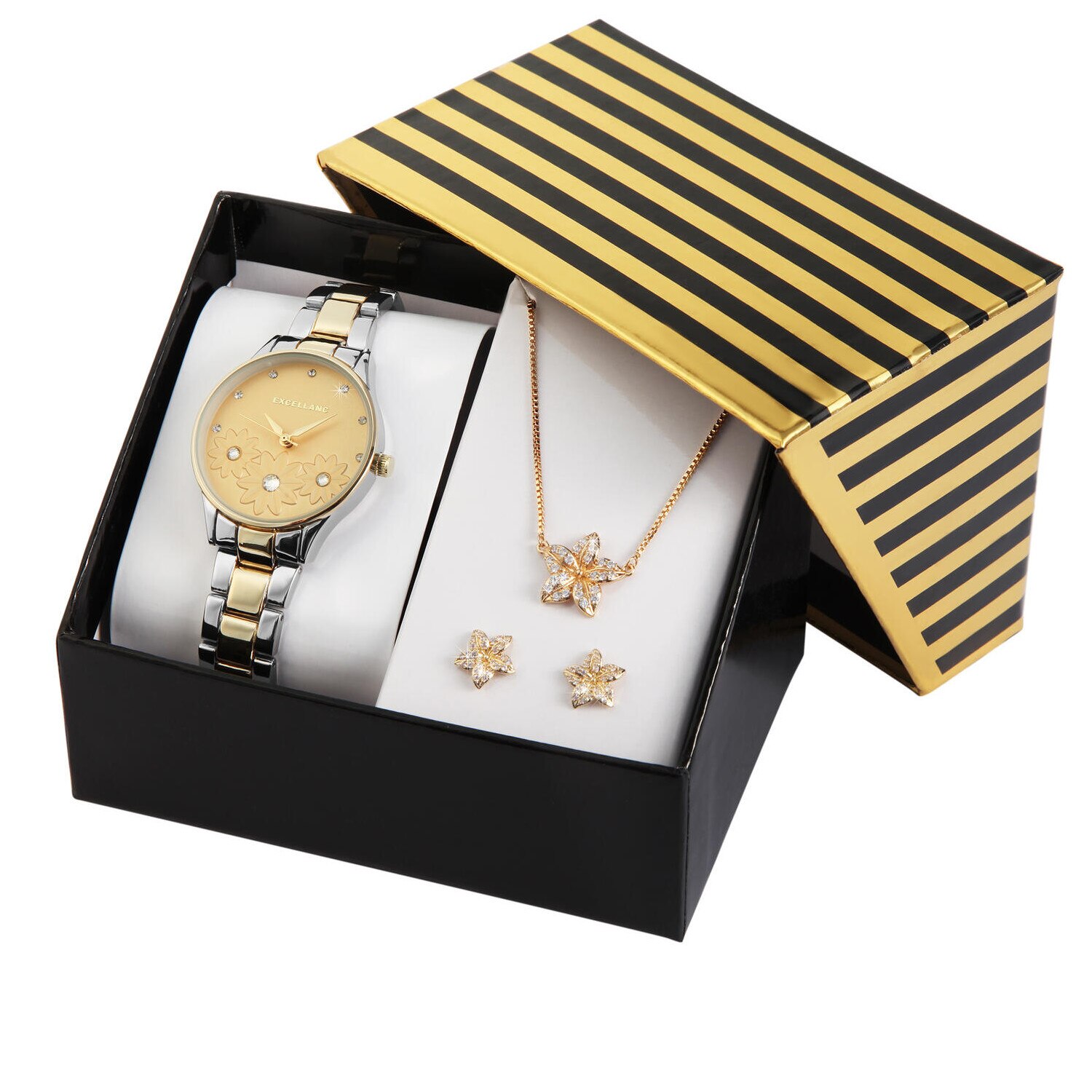 Set cadou Excellanc, ceas dama cu o pereche de cercei si lantisor cu pandantiv, Bicolor SET112
