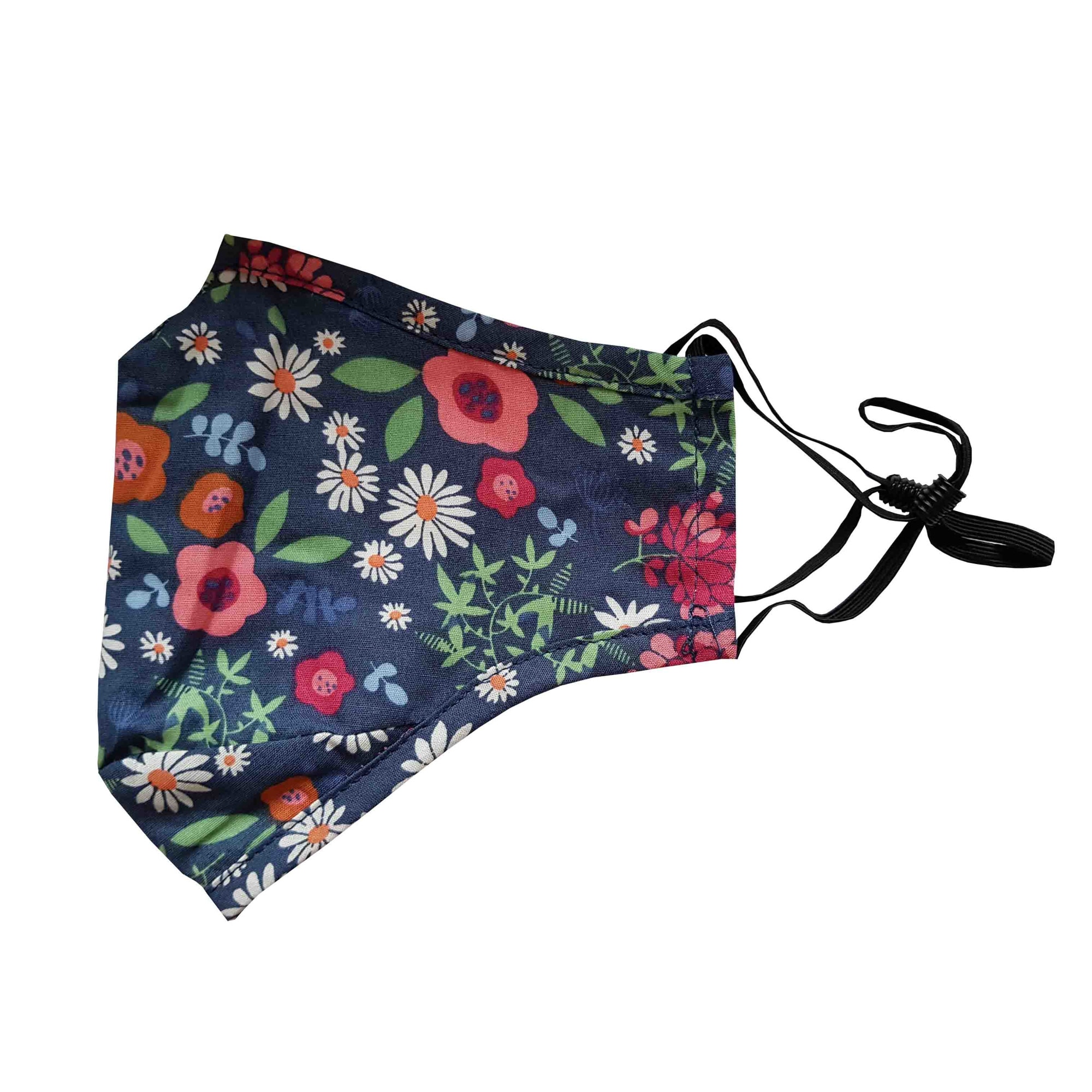 Masca de protectie din bumbac, bleumarin cu imprimeu floral, cu filtru de carbon, PM2.5