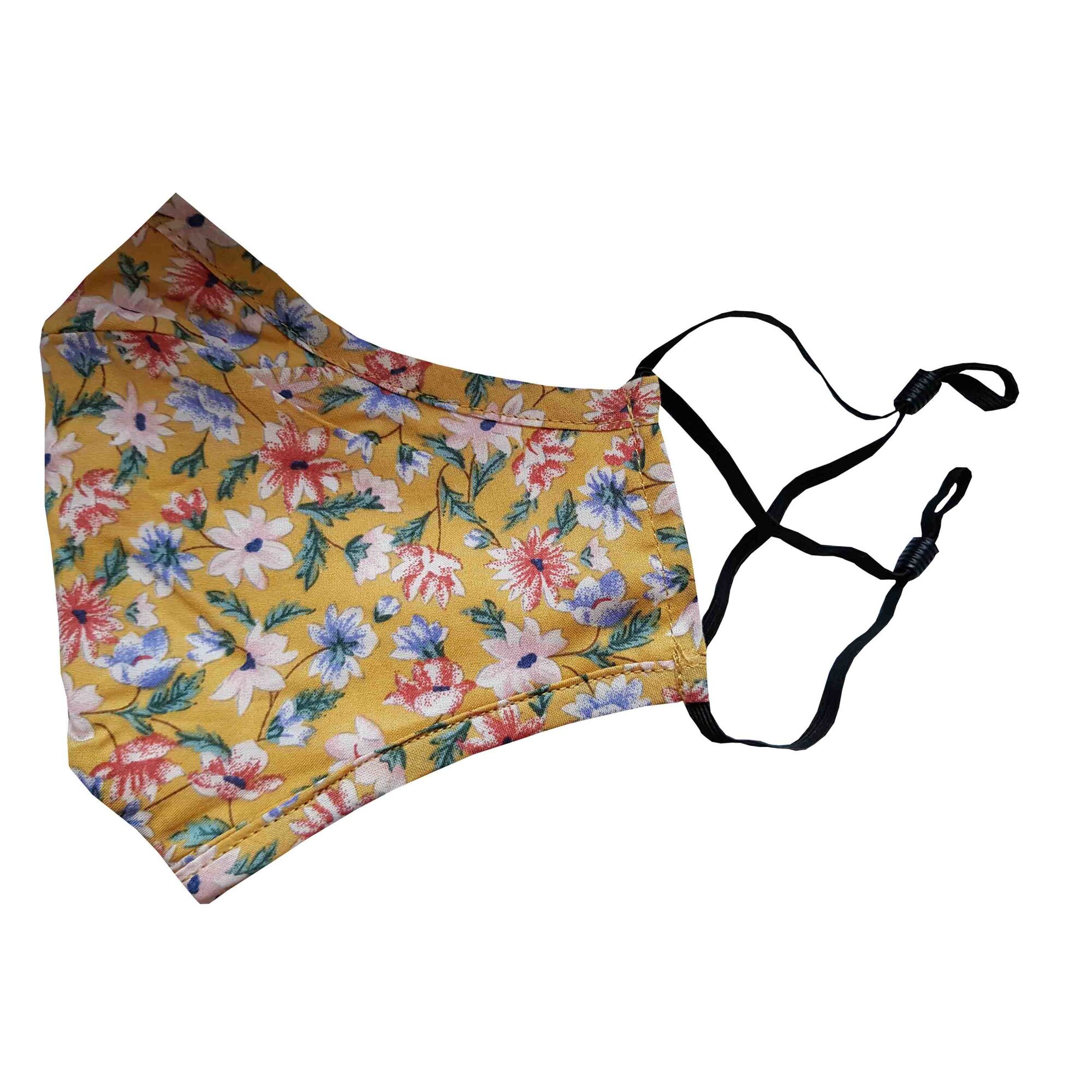 Masca de protectie din bumbac, galbena cu imprimeu floral, cu filtru de carbon, PM2.5