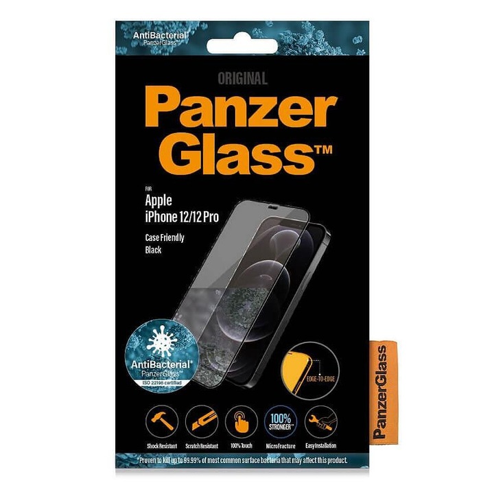 Стъклен Протектор за iPhone 12 Pro / 12, PANZERGlass Antibacterial, Черен
