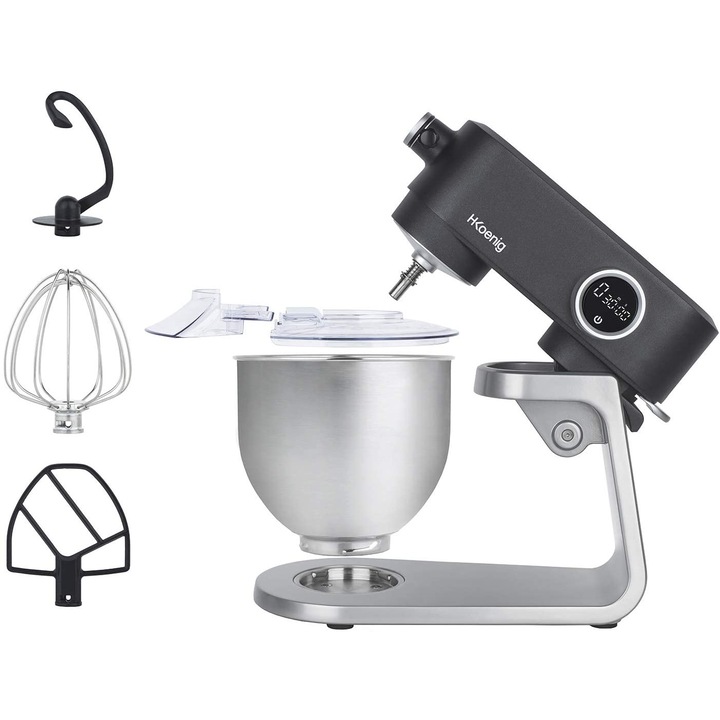 Mixer multifunctional de bucatarie H.Koenig, KM120, ideal pentru framantarea aluatului, capacitate mare, 5 L, brat ajustabil, 8 viteze, afisaj digital, timer, accesorii incluse, argintiu/negru