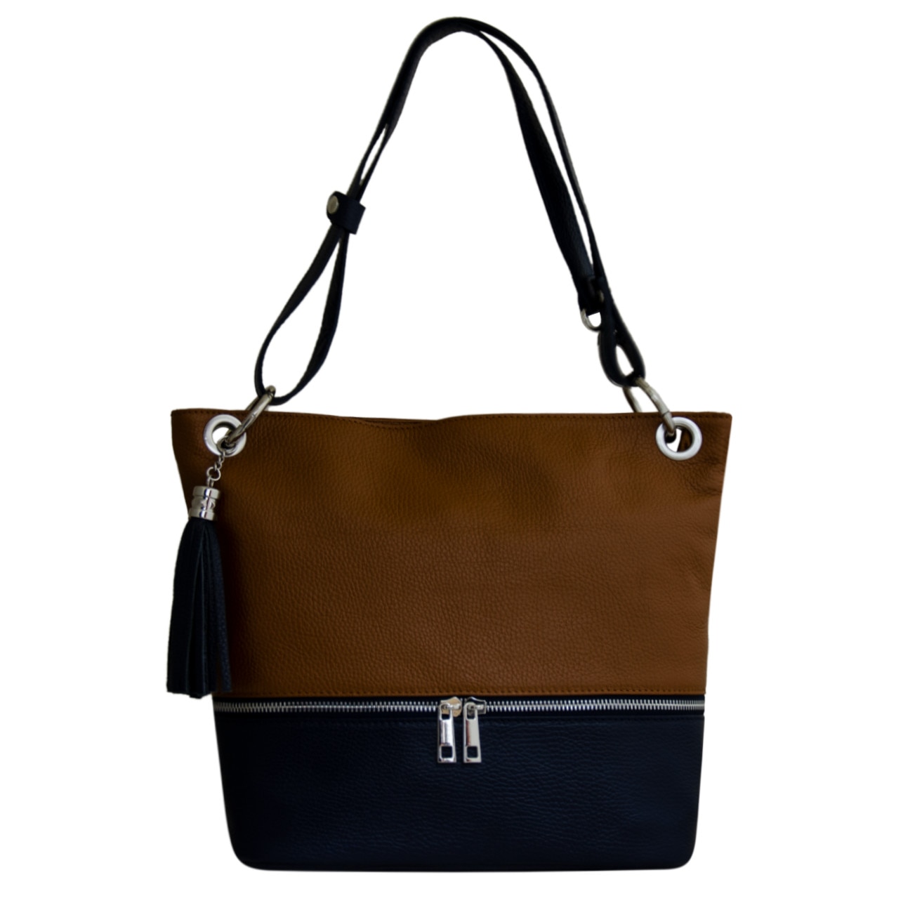 Geanta de dama din piele naturala Eva Bags, Ruby cuoio cu bleumarin