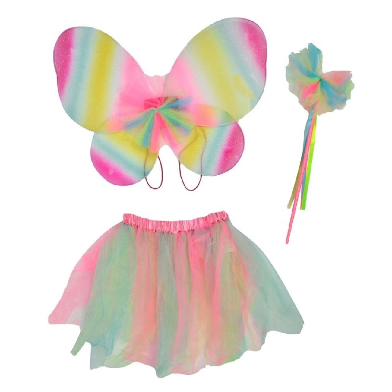 Set costum zana, de culoare multicolora,include bagheta magica, aripioare de fluturas si tutu cu elastic colorat