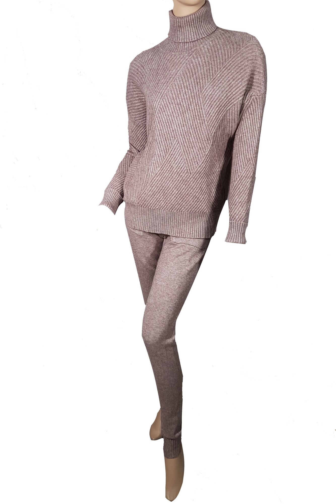 Compleu tricotat cu guler roll dama, roz movuliu, casual, one size