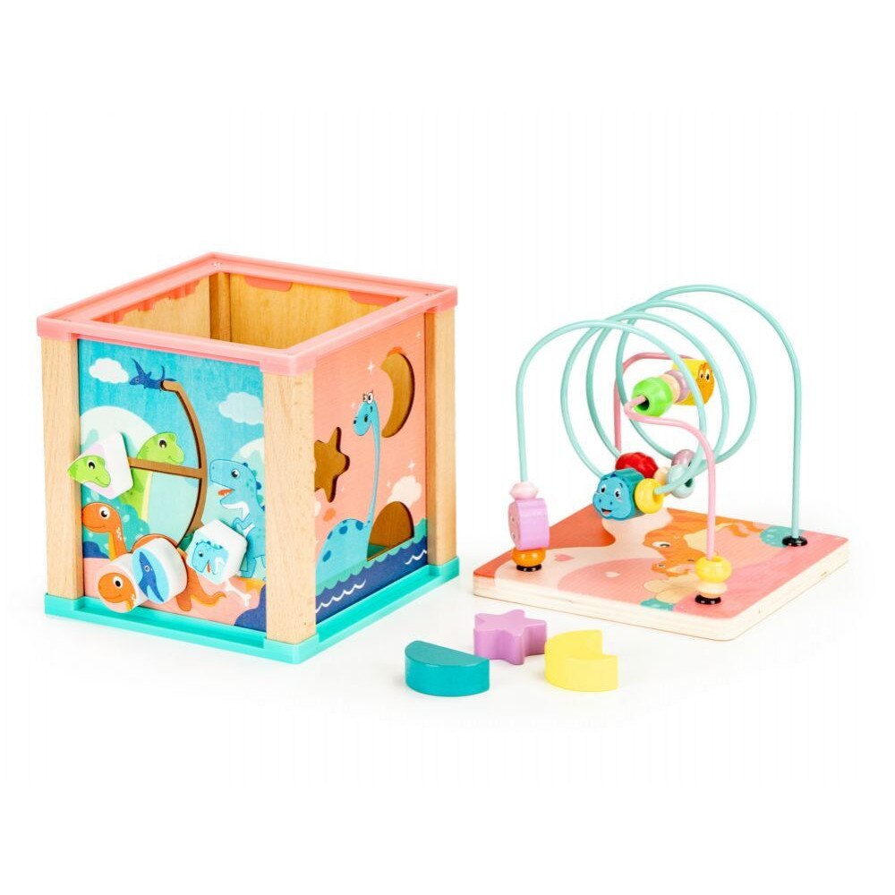 Jucarie educativa multifunctionala din lemn cu 6 moduri de joaca, Dino Cube, Isp, 15.5x15.5x31 cm
