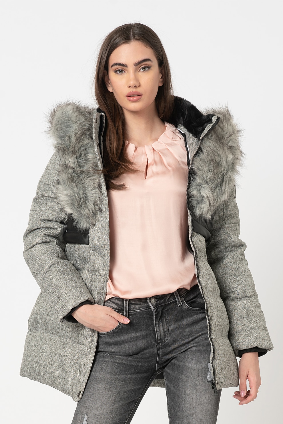 Geographical Norway, Geaca cu vatelina si garnitura detasabila de blana sintetica Bunky, gri deschis, negru, L