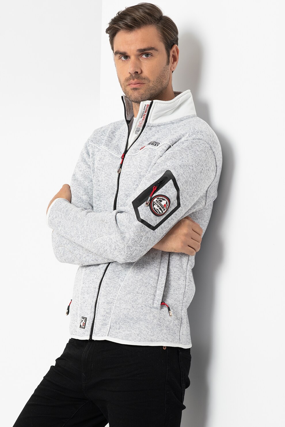 Geographical Norway, Bluza sport cu fermoar si aplicatie logo, Alb/Gri/Rosu