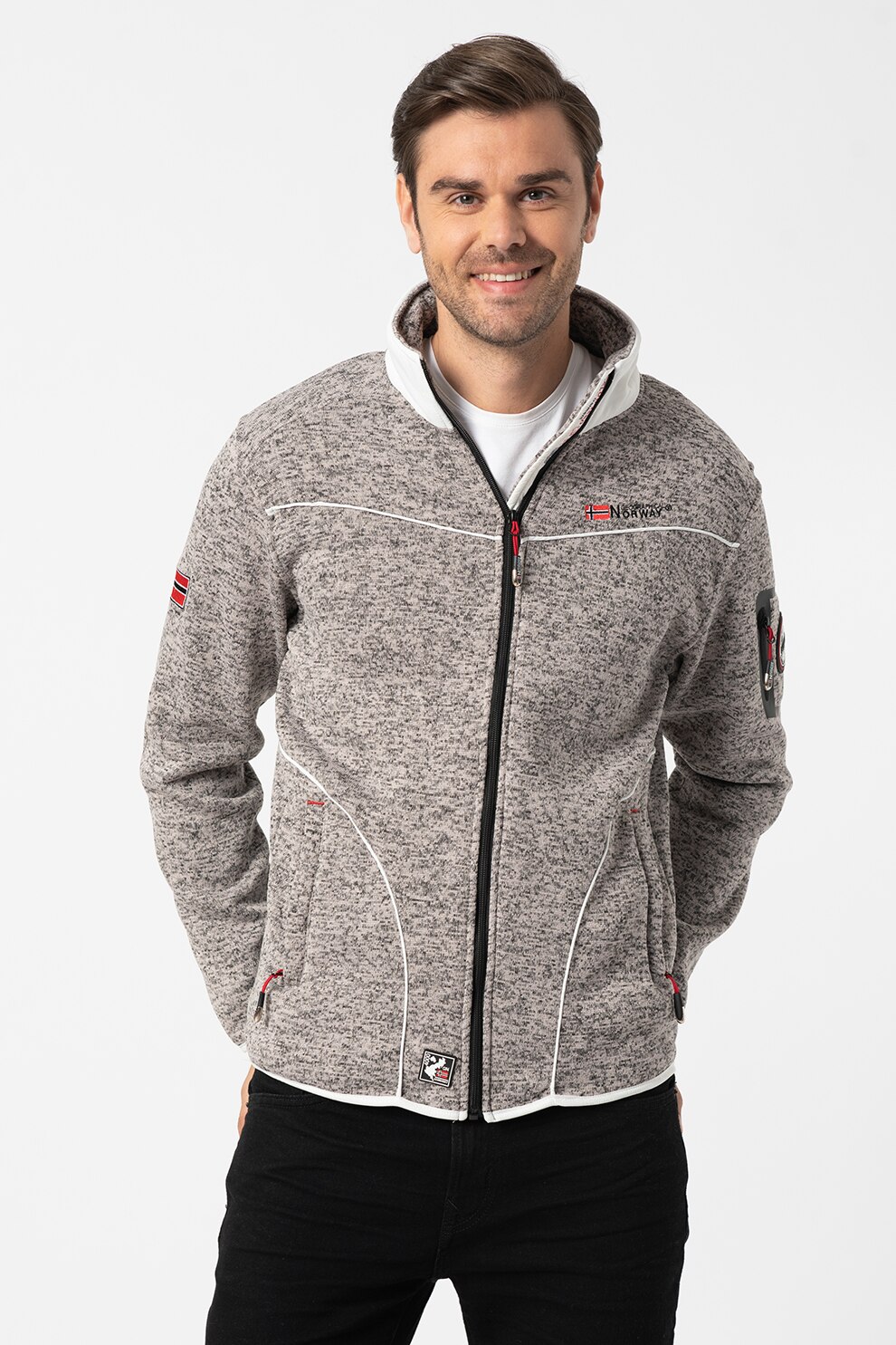 Geographical Norway, Bluza sport cu fermoar si aplicatie logo, Gri/Negru/Alb optic