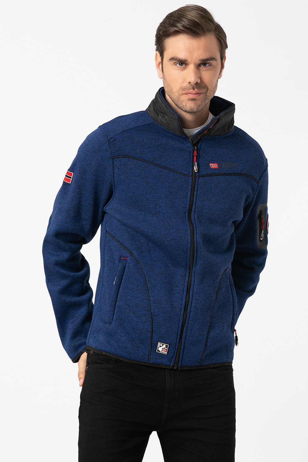 Geographical Norway, Bluza sport cu fermoar si aplicatie logo, Albastru inchis/Negru
