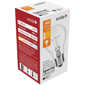 Set 100 Becuri Avide Special Heat Resistant, 75W, E27, A55, 660 lumeni, forma glob, lumina calda Set 100 Becuri Avide Special Heat Resistant, 75W, E27, A55, 660 lumeni, forma glob, lumina calda