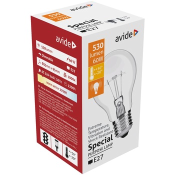 Set 100 Becuri Avide Special Heat Resistant, 60W, E27, A55, 530 lumeni, forma glob, lumina calda Set 100 Becuri Avide Special Heat Resistant, 60W, E27, A55, 530 lumeni, forma glob, lumina calda