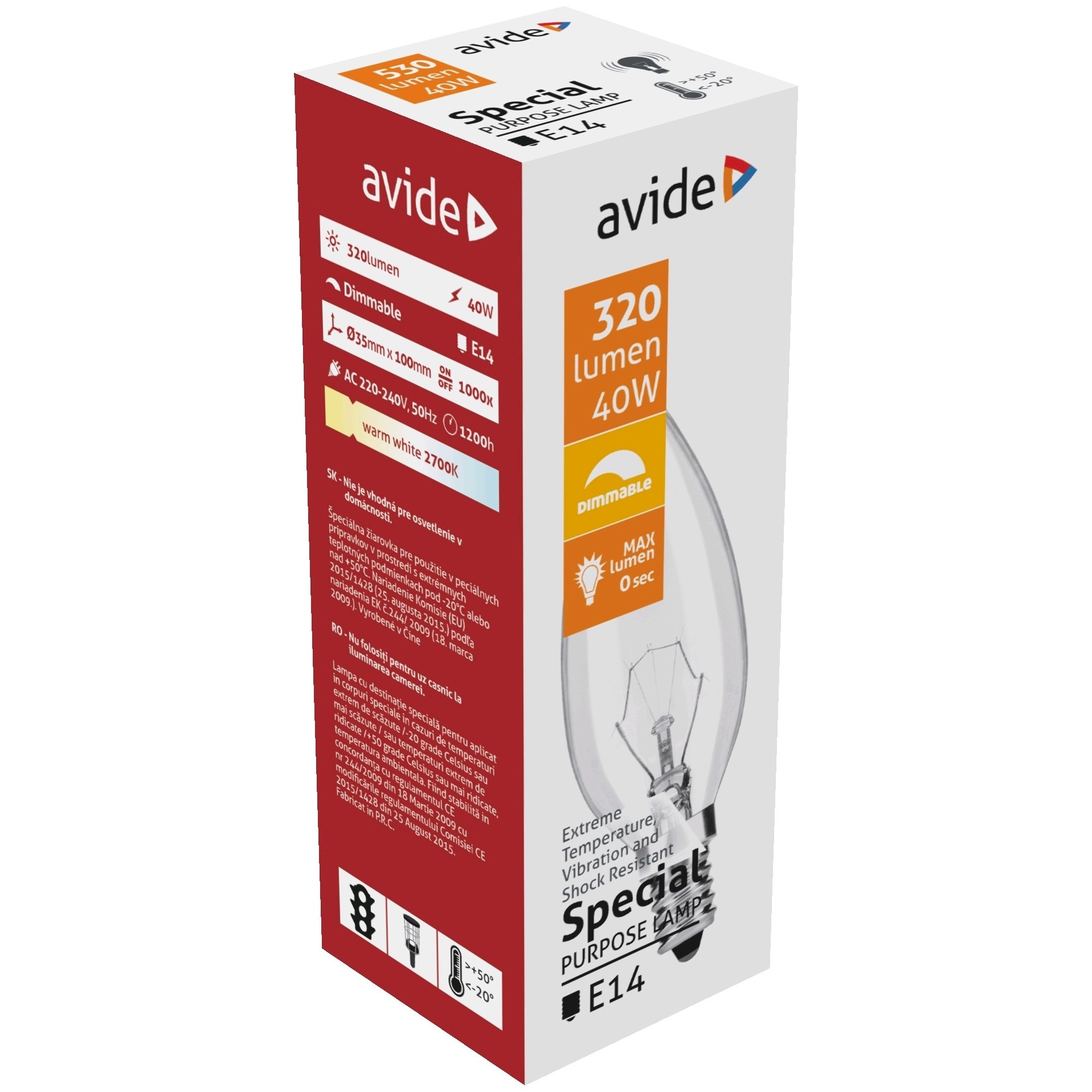 Set 10 Becuri Avide Special Heat Resistant, 40W, C35, 320 lumeni, forma lumanare, lumina calda