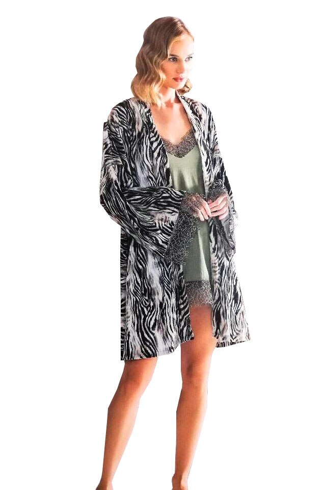 Compleu camasa de noapte, NBB, cu halat, imprimeu leopard, Verde/Negru