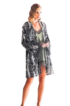 Compleu camasa de noapte, NBB, cu halat, imprimeu leopard, Verde/Negru Compleu camasa de noapte, NBB, cu halat, imprimeu leopard, Verde/Negru