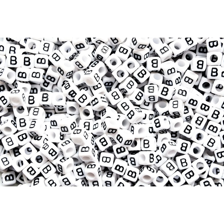 Margele acrlice cu litera B patrate, 6 x 6mm, White, 100 bucati, Vivo AK701