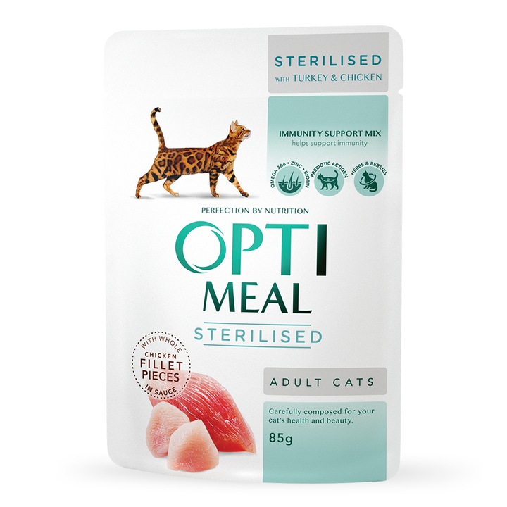 Hrana umeda completa pentru pisici sterilizate, Optimeal, Curcan si Pui, 12x85g