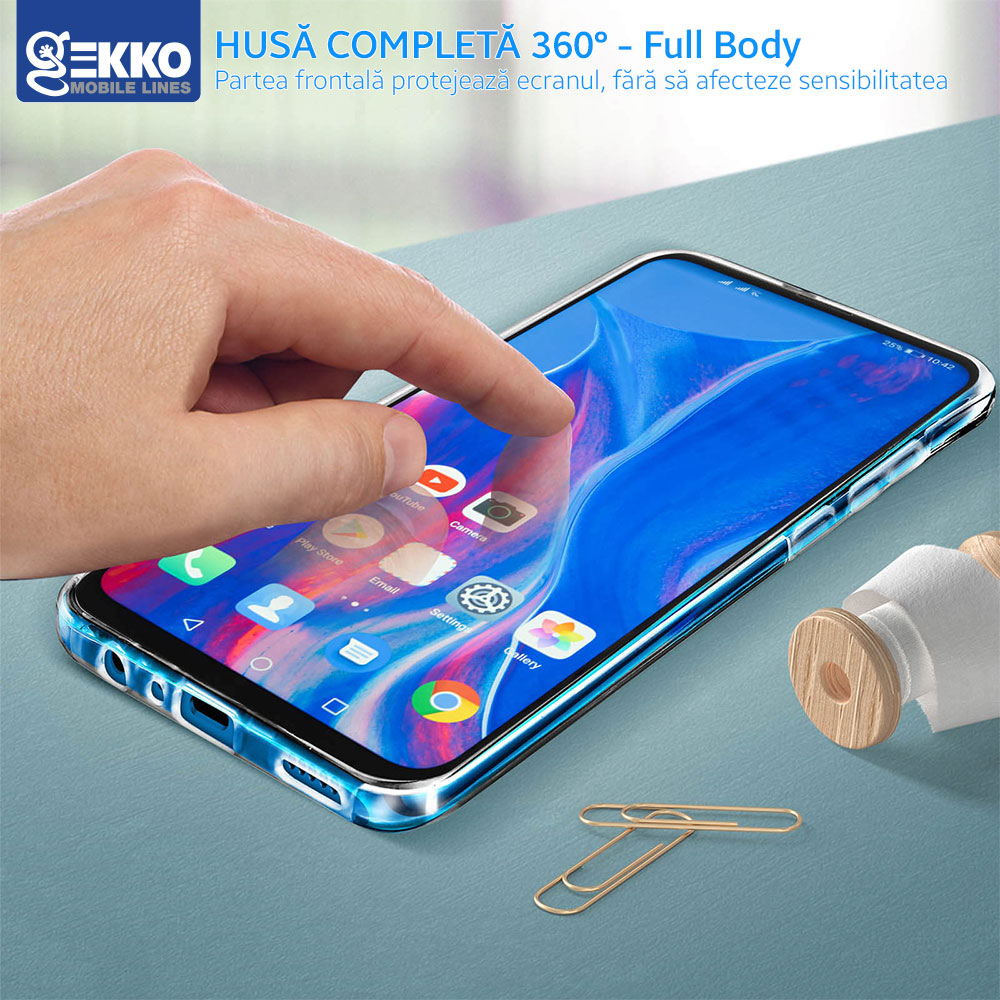 Husa 360° pentru Huawei P Smart Z - Fata+Spate (2 in 1), silicon si plastic, iShield Full Body - Transparenta Transparent Bumper