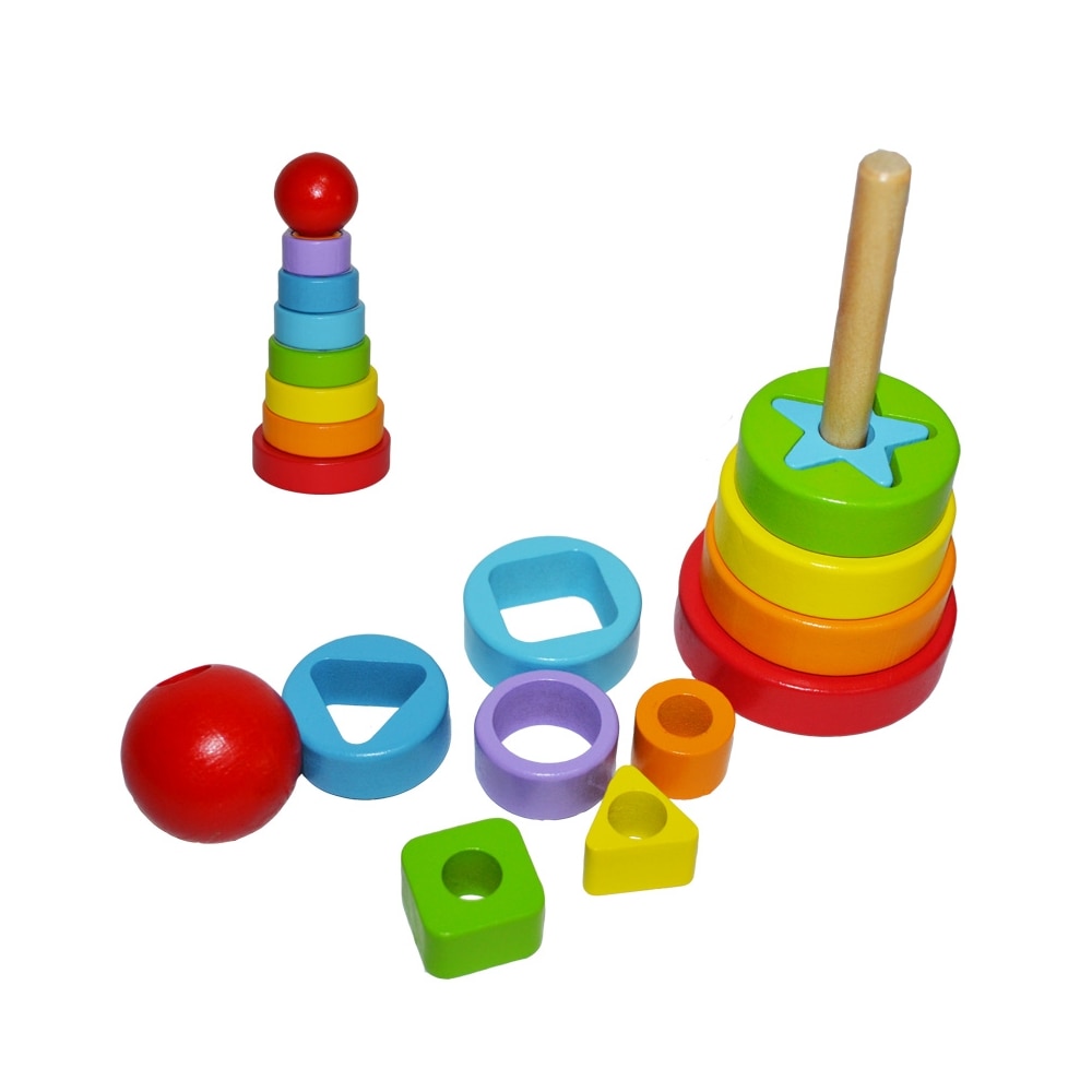 Jucarie Montessori2 in 1 Piramida Curcubeu din lemn