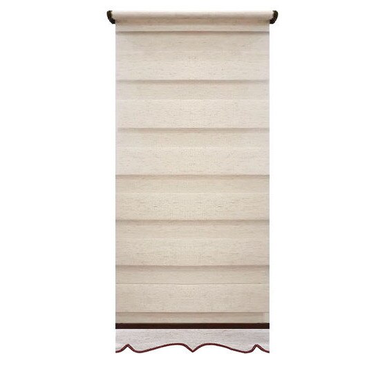 Jaluzea tip Rulou textil cu Terminatie Decorativa, Rolete Zebra Day & Night Luxury, 92x120cm, ZW4, culoare alb cu insertii bej, accesorii albe
