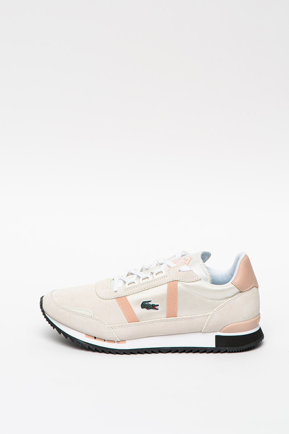 Lacoste, Pantofi sport de piele intoarsa cu insertii de piele si material textil Partner Retro, Alb prafuit/Roz pastel, 39