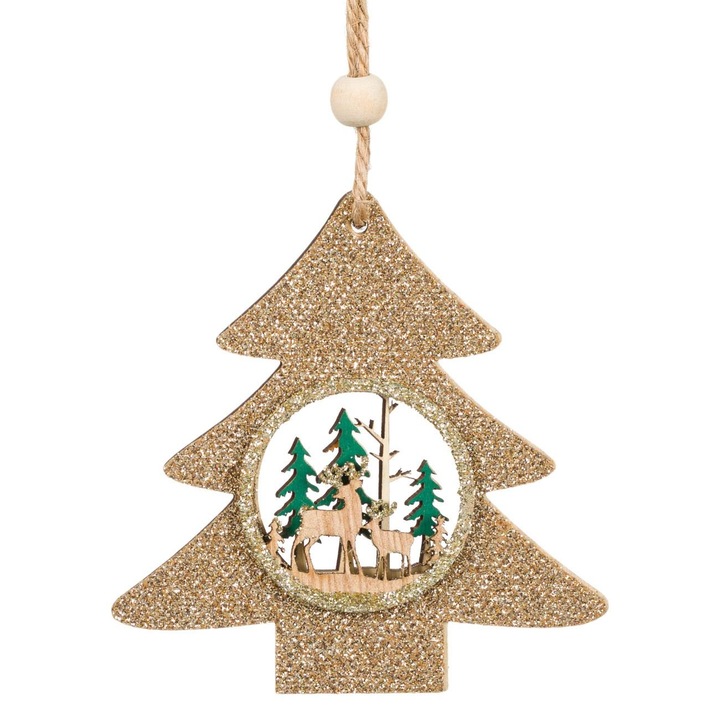 Ornament Brad Craciun din Lemn, Brad Glitter, 9 cm