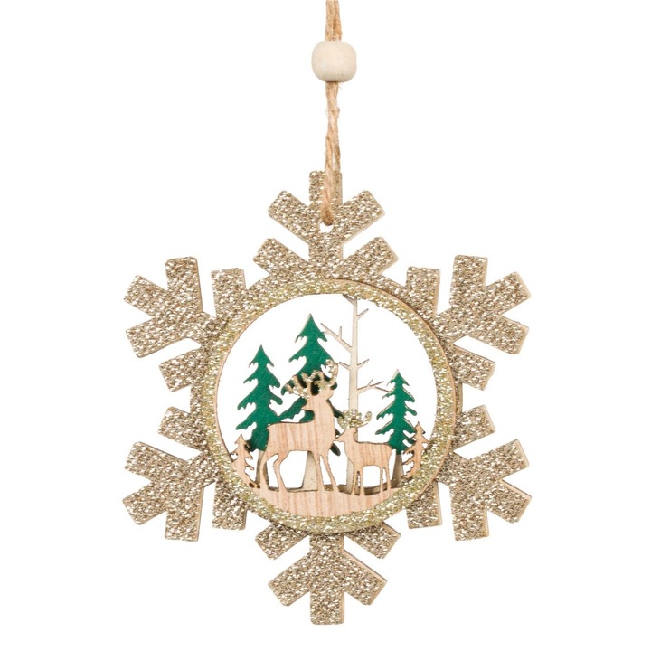 Ornament Brad Craciun, Model Fulg de Zapada, Lemn, Glitter Bej, 10cm