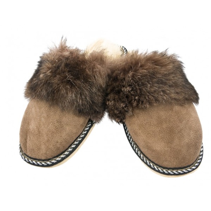 Papuci casa din blana si piele naturala femei, maro, F009