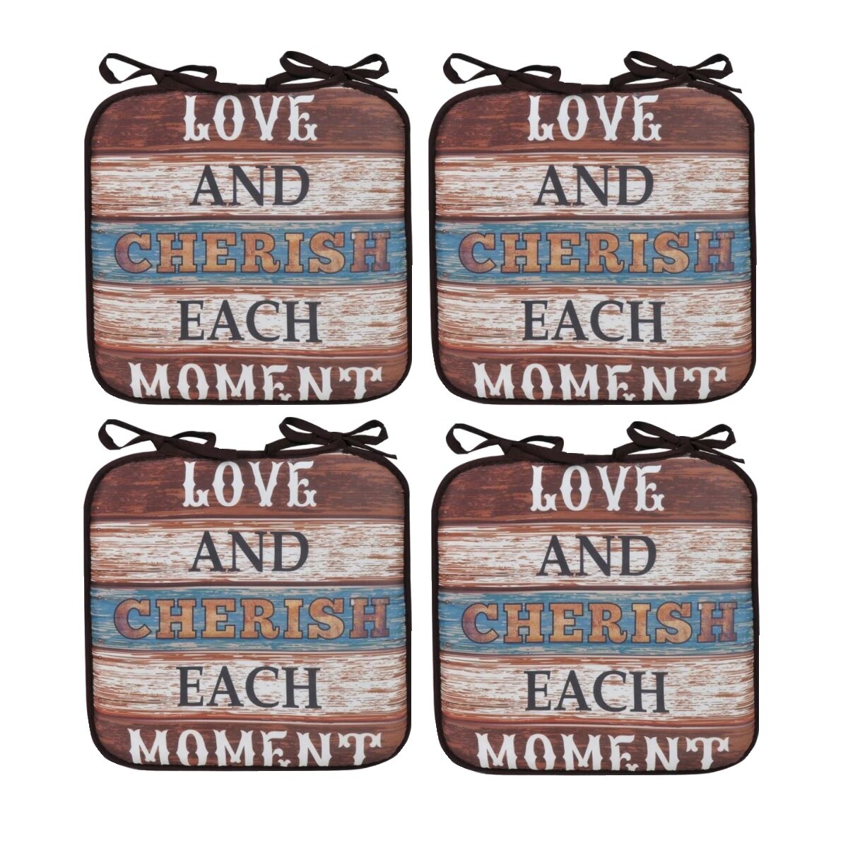 Set perne decorative pentru scaun cu mesaj, forma patrata, 38x38 cm, Bej/Maro, 4 piese