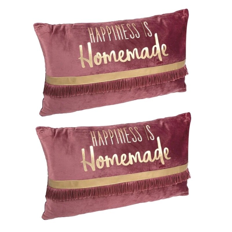 Set perne decorative catifelate cu franjuri si mesaj, forma dreptunghiulara, Auriu/Roz, 50x30 cm, 2 piese