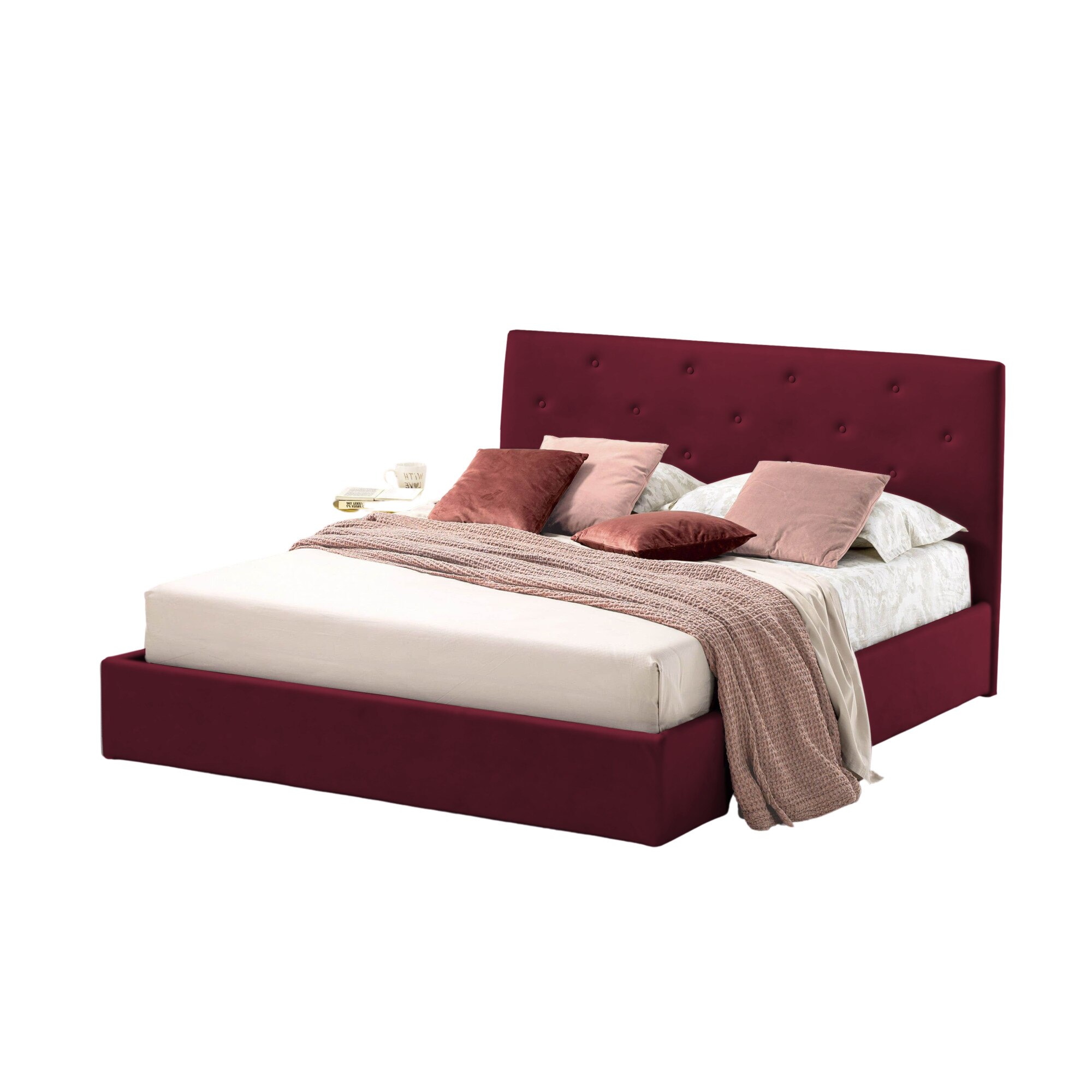 Pat Tapitat Rabatabil cu Lada Depozitare Pentru Saltea, 140x200 cm, Rombo Promo, Bordo Piele Ecologica