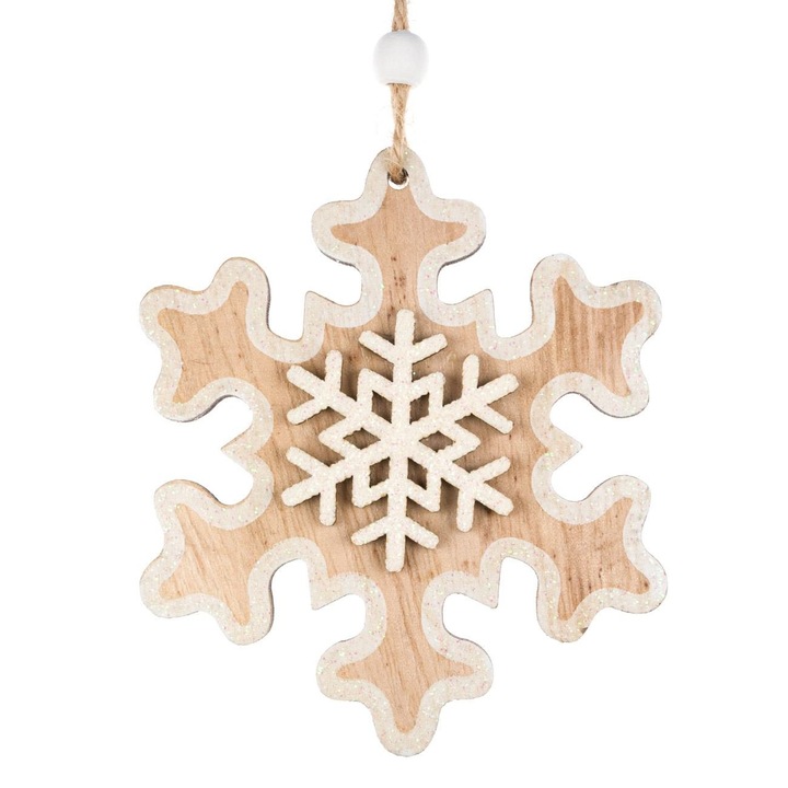 Ornament lemn Craciun, fulg alb bej, 10.5 cm