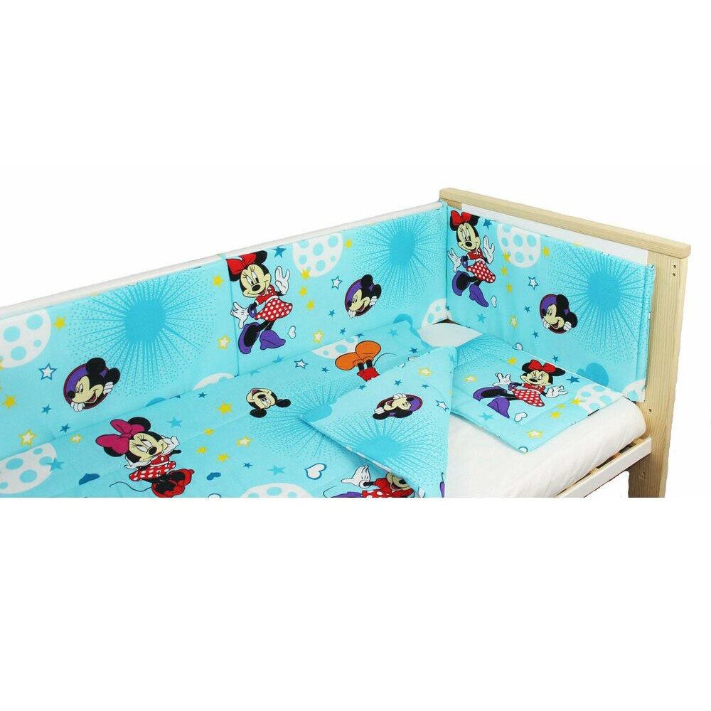 Lenjerie 4 piese, Minnie si Mickey, albastra cu stelute, 120x60cm