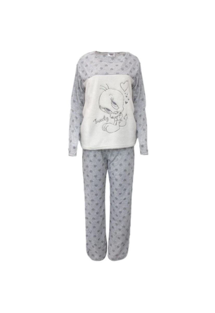 Pijama de dama, Zola®, pentru sezonul rece, gri/alb, Tweety, cu inimioare, Gri, L-XL