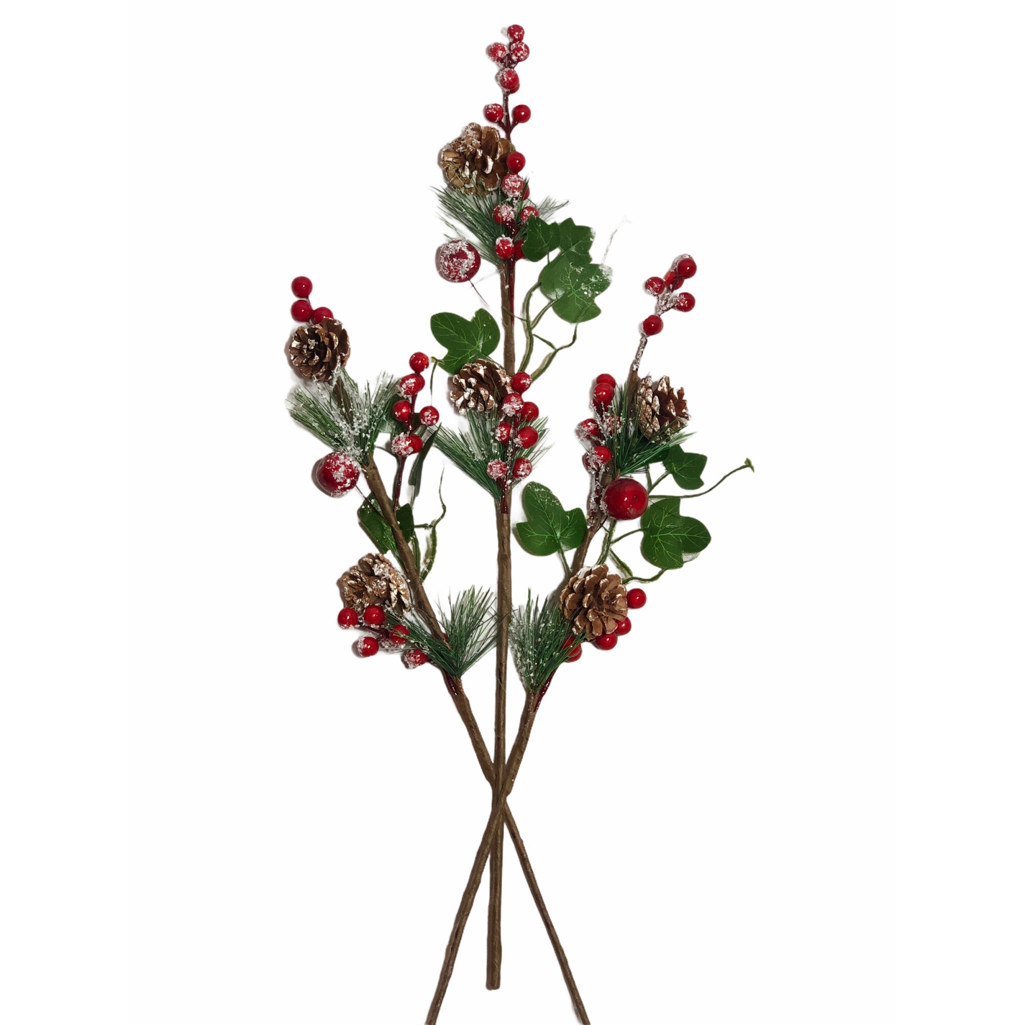 Set 3 crengute decorative cu merisoare si conuri, Craciun, Atelier, Verde/Rosu, 70cm