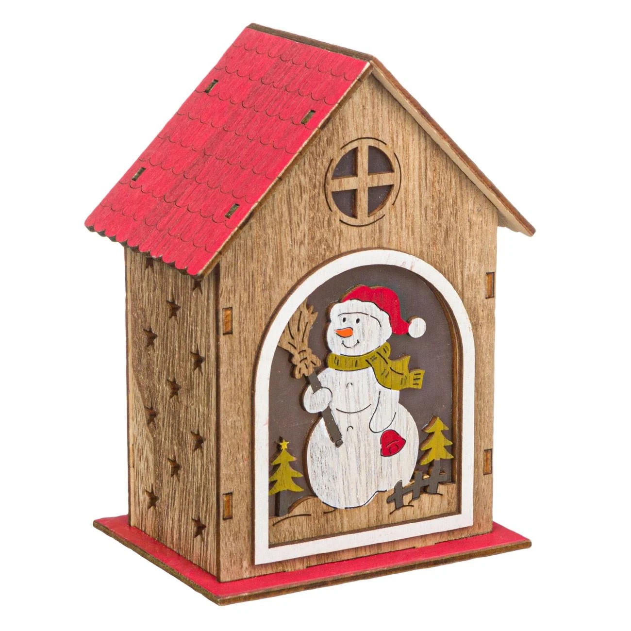 Casuta decorativa cu om de zapada, iluminata LED, lemn, 16cm
