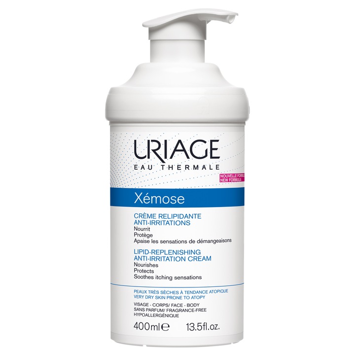 Успокояващ липидо-възстановяващ крем Uriage Xemose, За лице и тяло, За много суха кожа, 400 мл