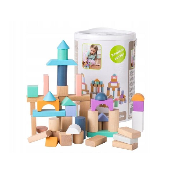 Set 100 Jucarii din Lemn EcoToys, Diverse Forme Geometrice, cu Galeata si Capac Sortator, Multicolor