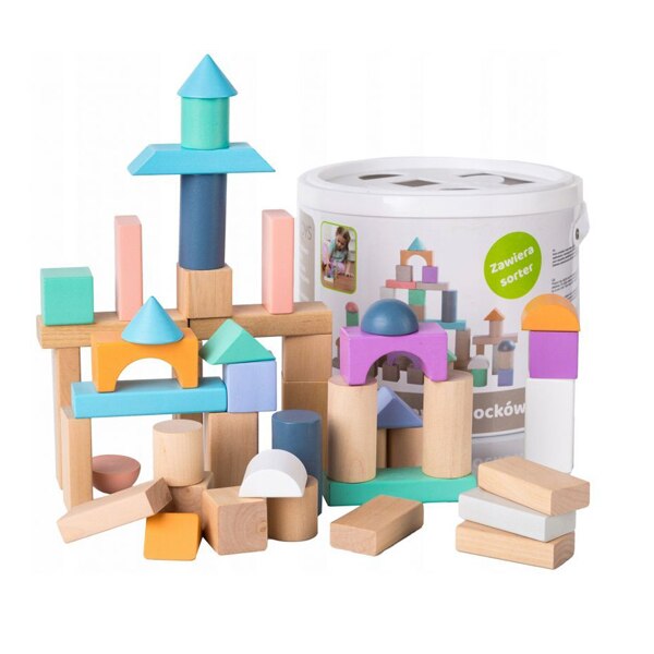 Set 50 Jucarii din Lemn EcoToys, Diverse Forme Geometrice, cu Galeata si Capac Sortator, Multicolor