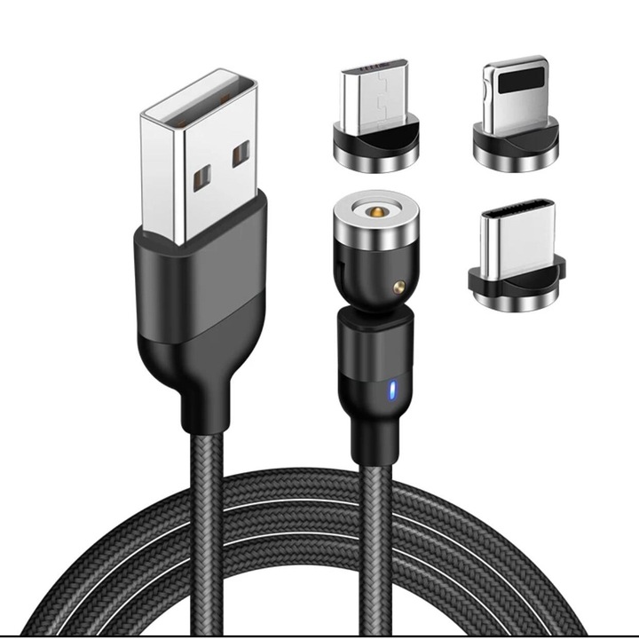 Cablu de incarcare rapida si transfer de date 3A magnetic RiKbo® 3 in 1 Tip Lightning, Type-C, micro-USB rotatie 540 grade
