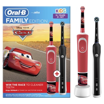 Set Family Periuta de dinti electrica copii + adult Oral B Vitality D100 Cars+ Pro 1 Cross Action, 2 capete, Rosu/Negru Set Family Periuta de dinti electrica copii + adult Oral B Vitality D100 Cars+ Pro 1 Cross Action, 2 capete, Rosu/Negru
